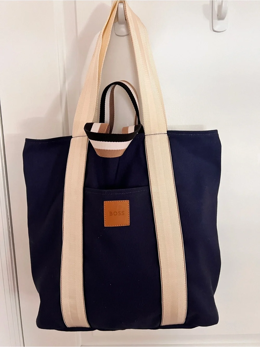 BOSS Navy Canvas Tote with Cream Straps and Tan Logo Patch